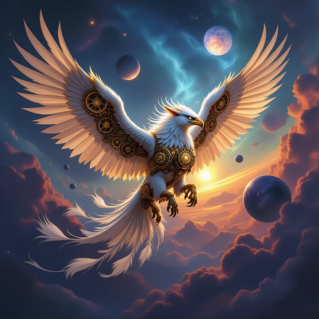 Clockwork Gryphon Soaring Through Celestial Nebulae