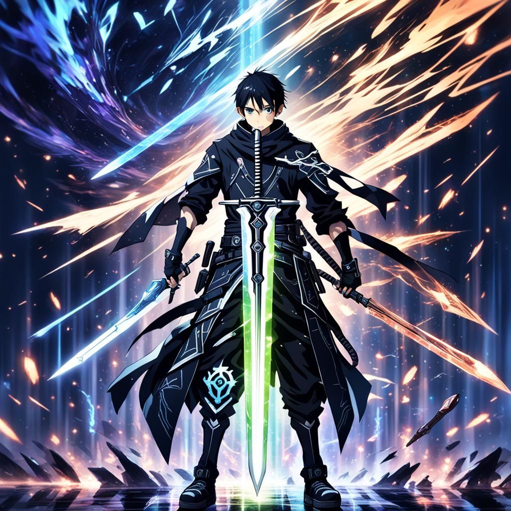 Kirito of Sword Art Online wielding a sword in the game, fra...