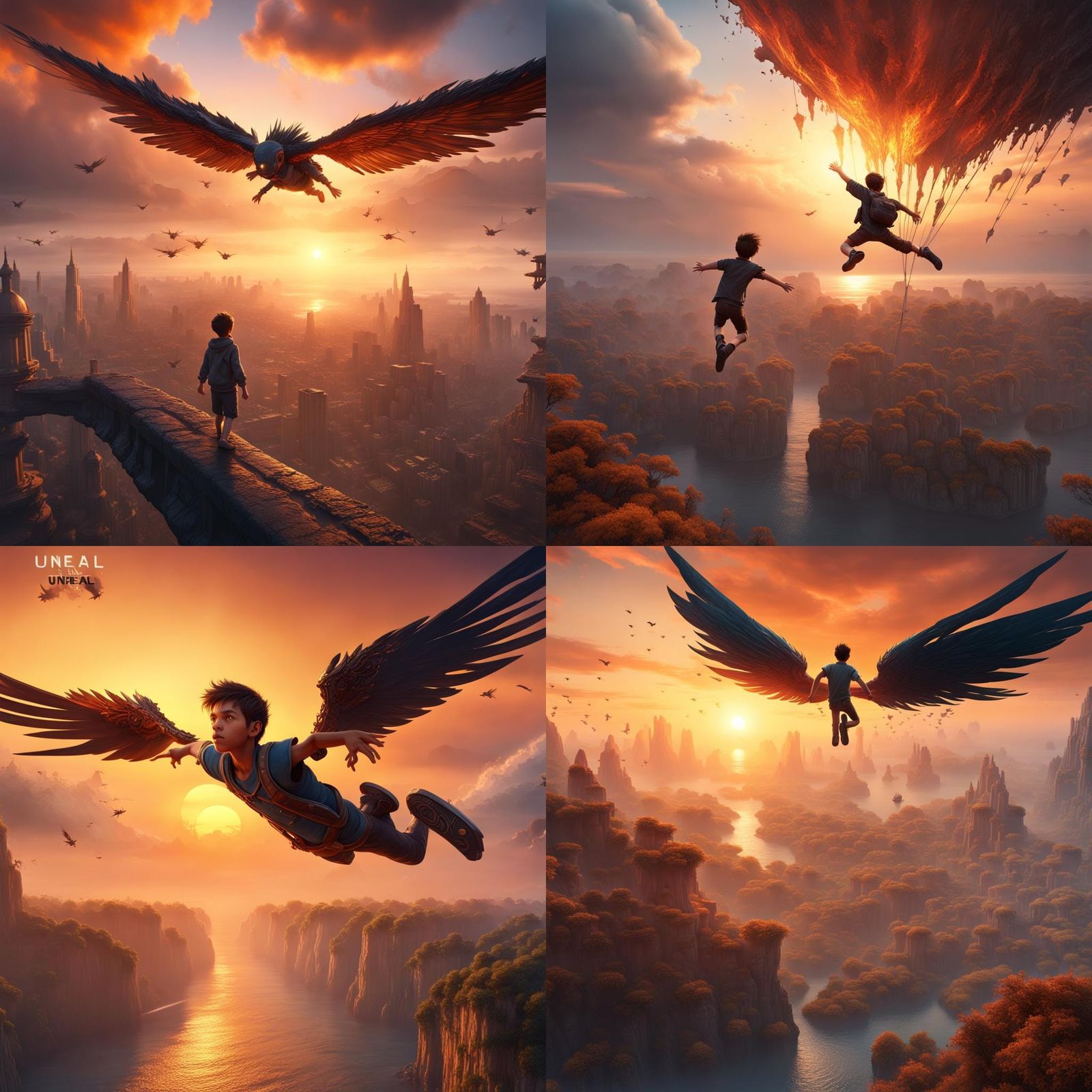 Boy Flying into Sunset: Detailed Matte Painting