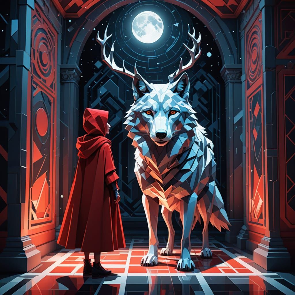 Cubist Little Red Riding Hood and Wolf with Lunar Antlers