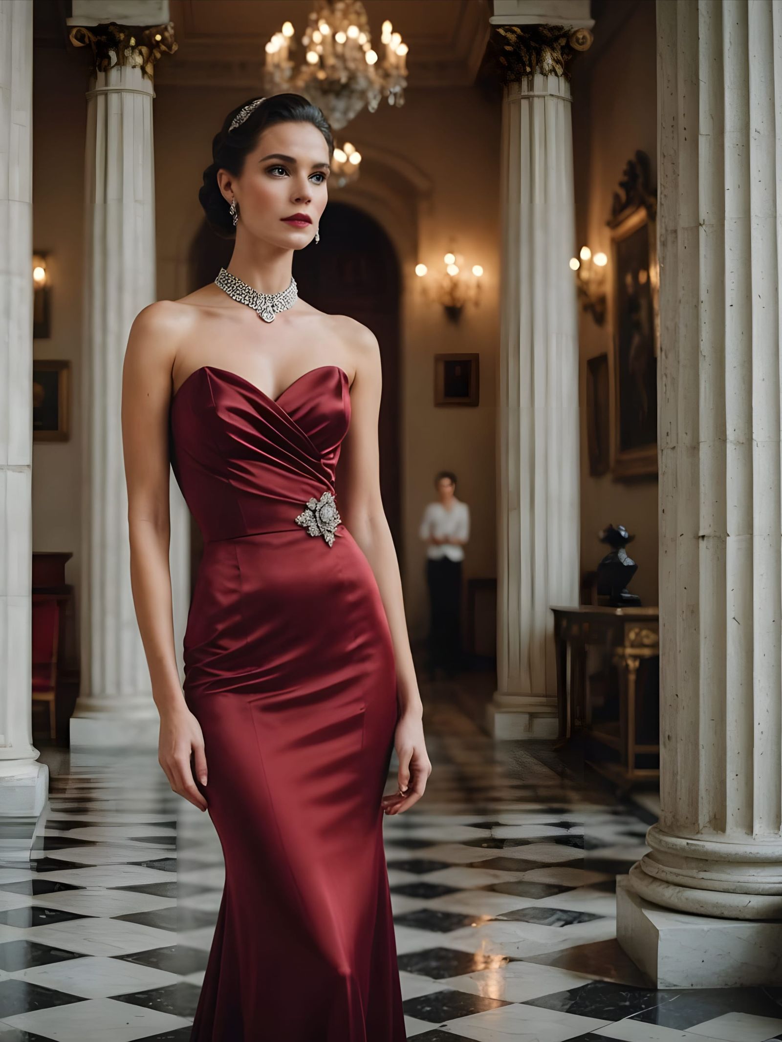 Elegant Woman in Red Silk Hobble Gown Poses by Pillars