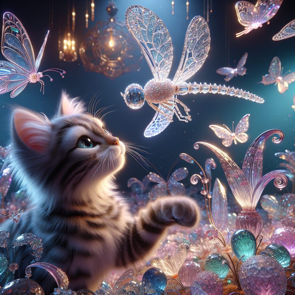 Crystal Dragonfly and Kitten in Enchanted Garden