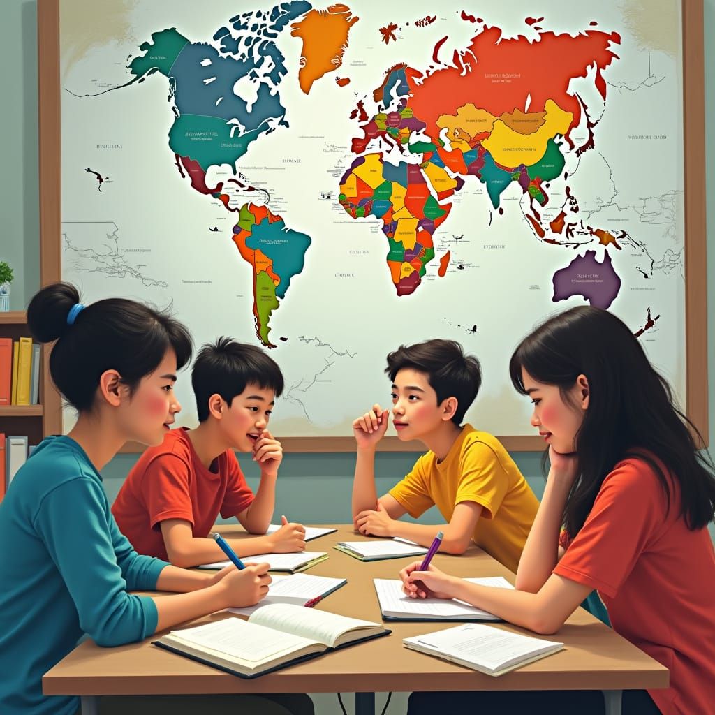 Diverse ESL Students Learning English in Vibrant Style