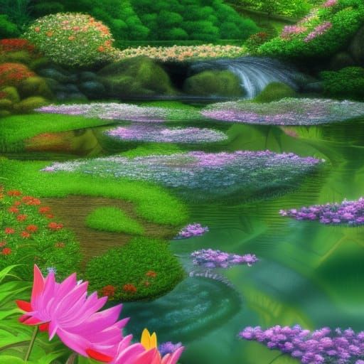 Lush Pond Scene in Studio Ghibli Style