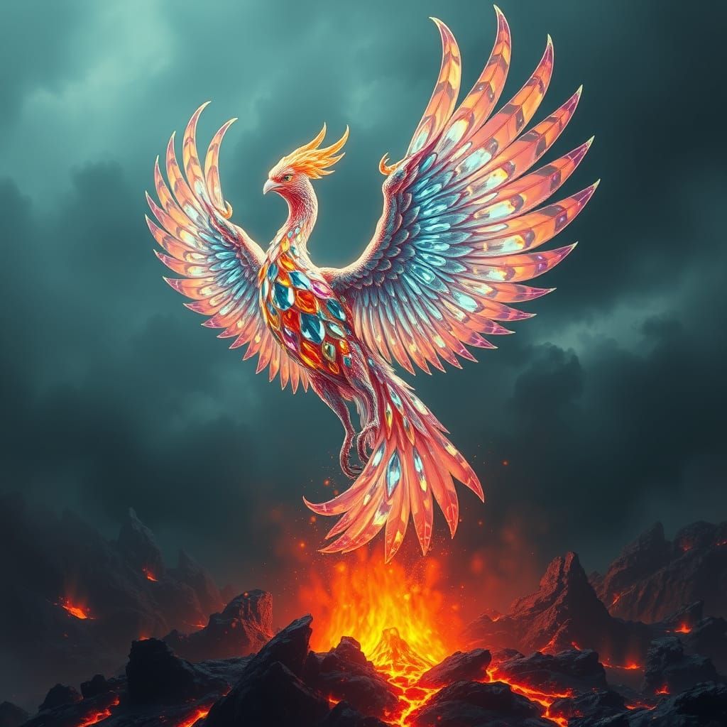 Gemstone Phoenix Rising from Volcanic Eruption