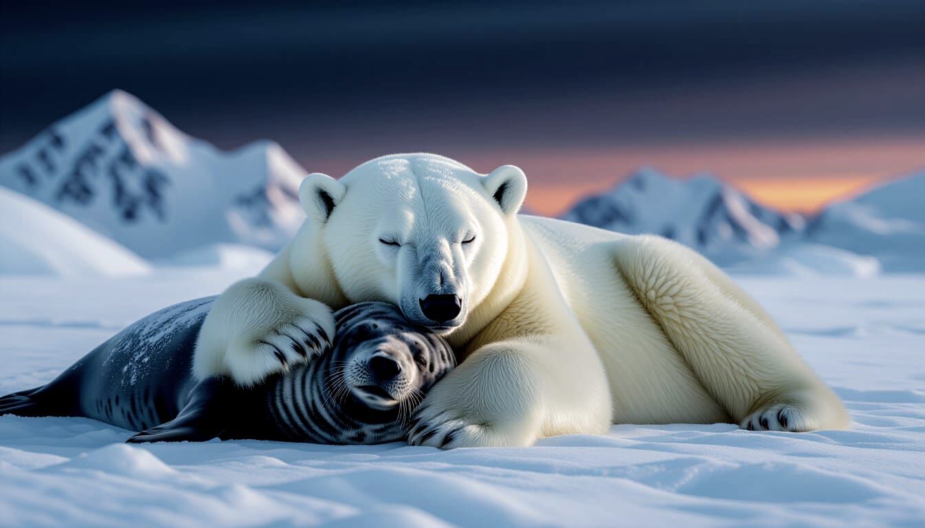 Polar Bear Cuddles Seal at Sunrise
