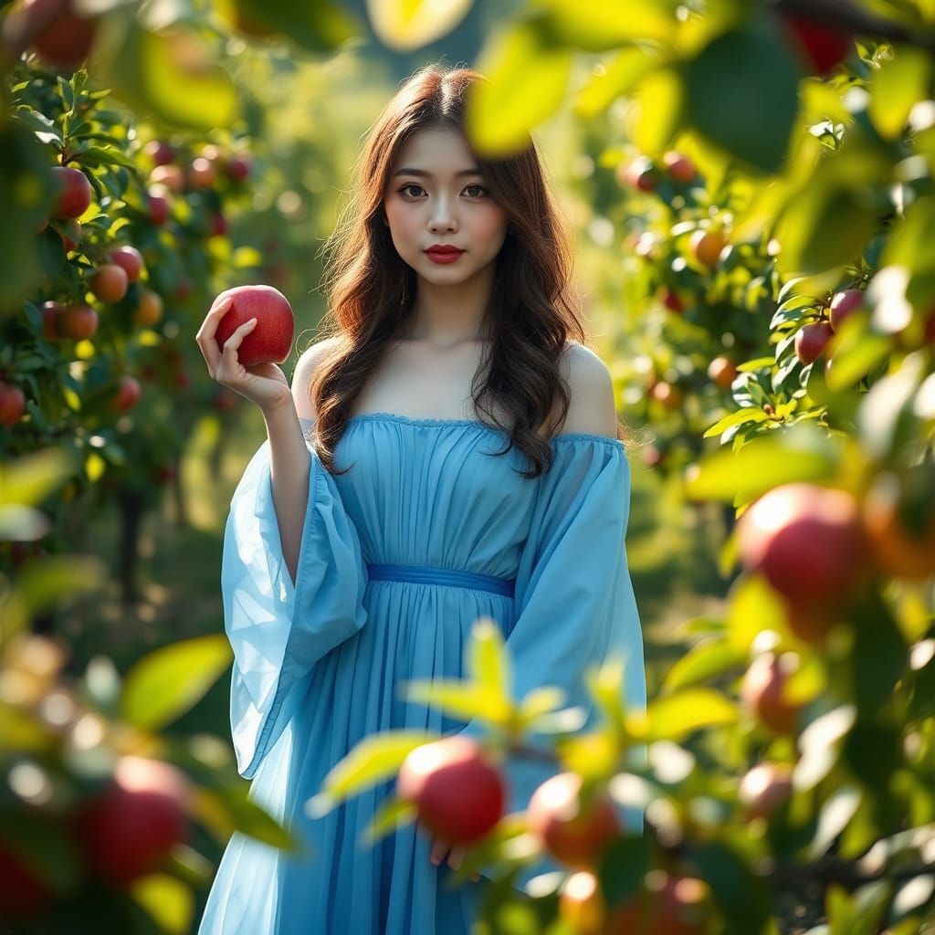 Japanese Girl with Apple in Orchard Sunlight