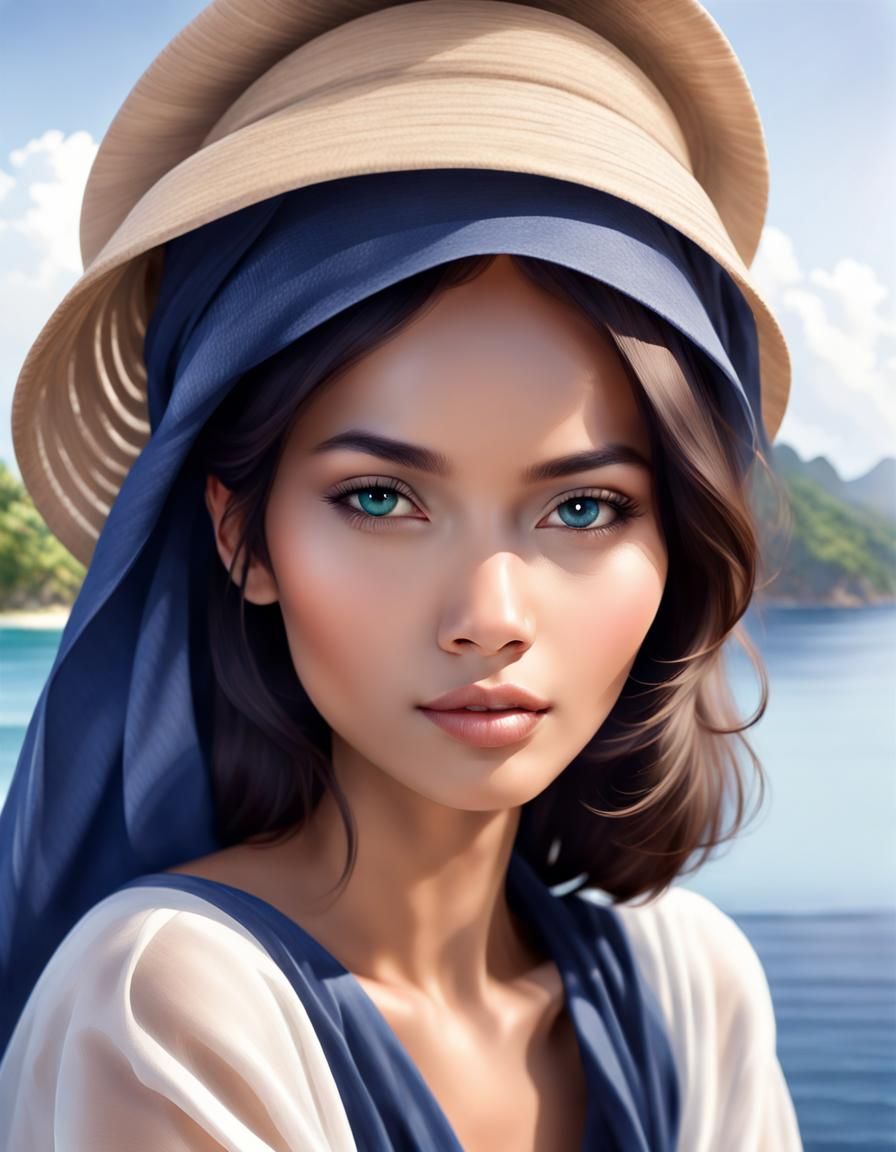 Indonesian Beauty in Indigo Dress on Idyllic Island