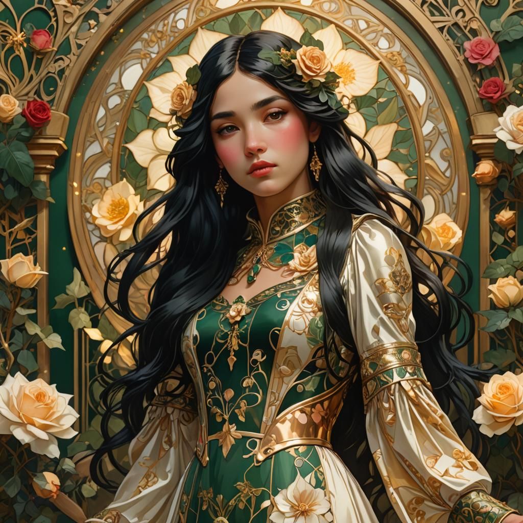 Art Nouveau Girl in Flower Dress at Christmas