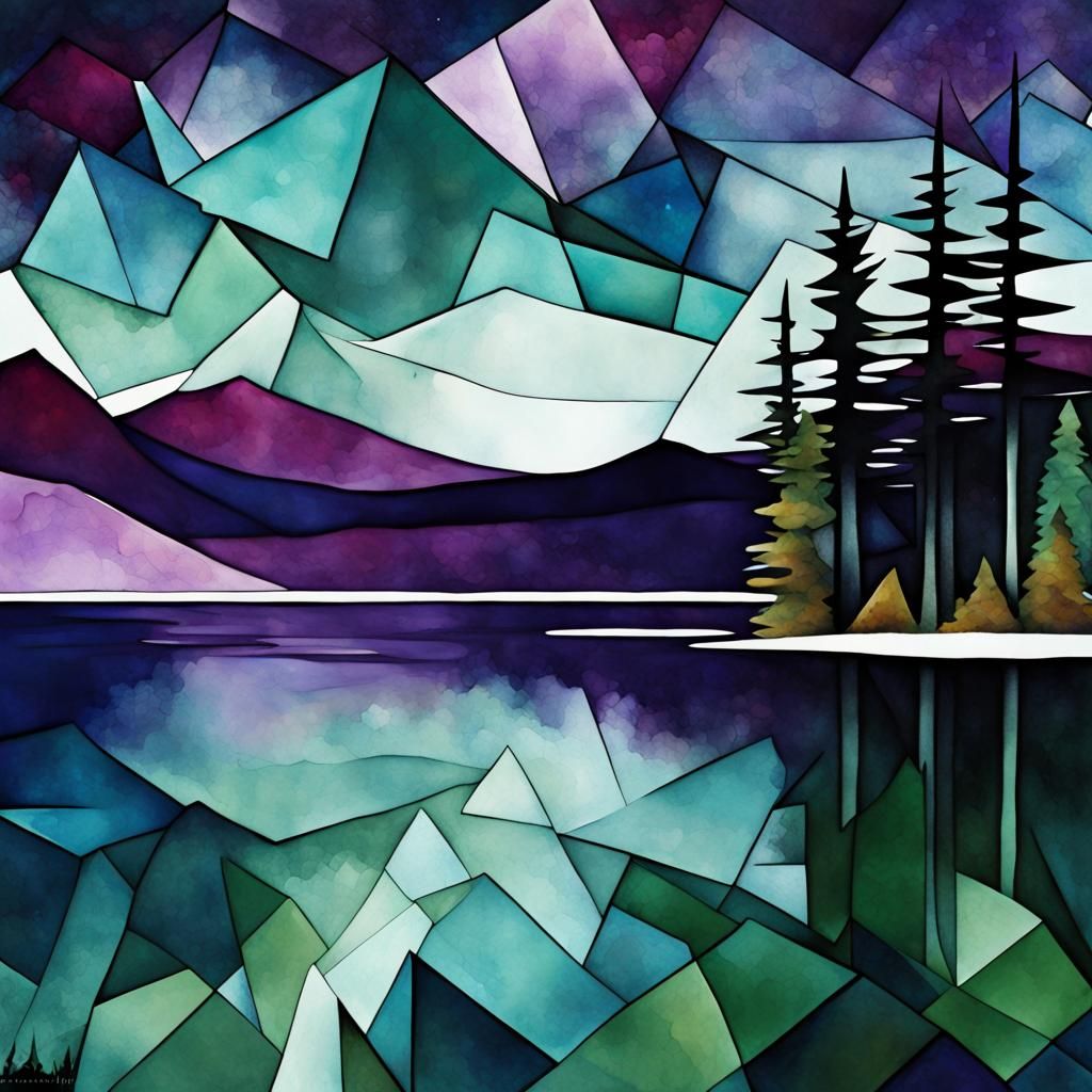 Nebulous Alcohol Ink :: Spruce Trees :: Frozen Mountain Lake :: Dark Blue, Reddish Purple, Pine Green, Dull Violet Starr...