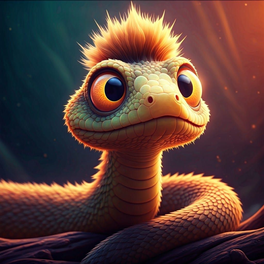 Adorable Baby Snake with Fuzzy Hair, Pixar Style