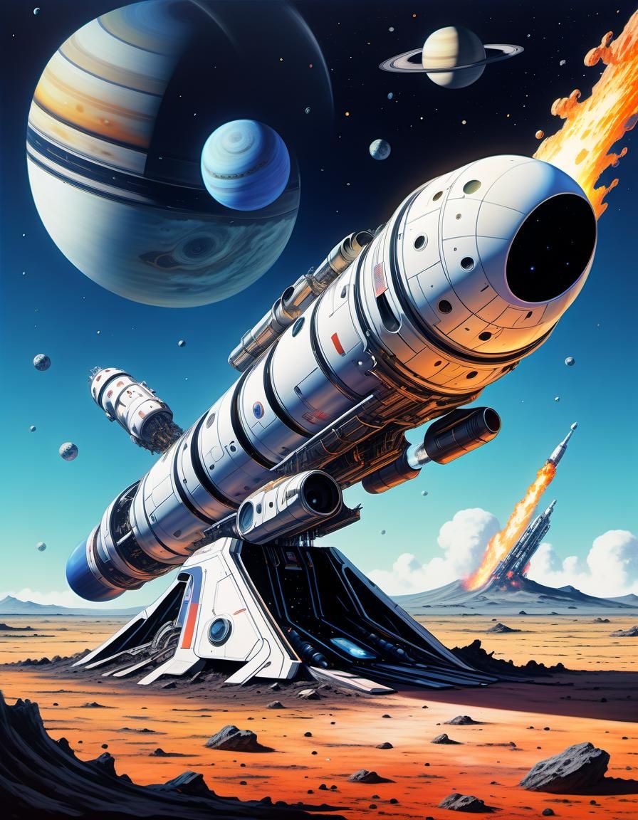 Saturn V Crash: Surreal Anime-Inspired Illustration