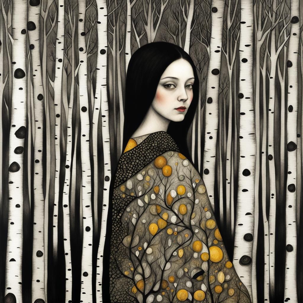 Girl in Birch Forest: Charcoal and Ink Klimt-Inspired Art