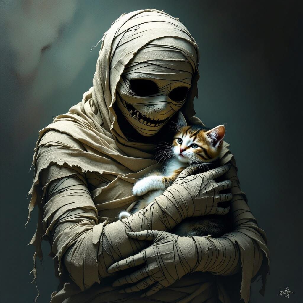 Eerie Mummy Cradling Kitten in Biomechanical Style