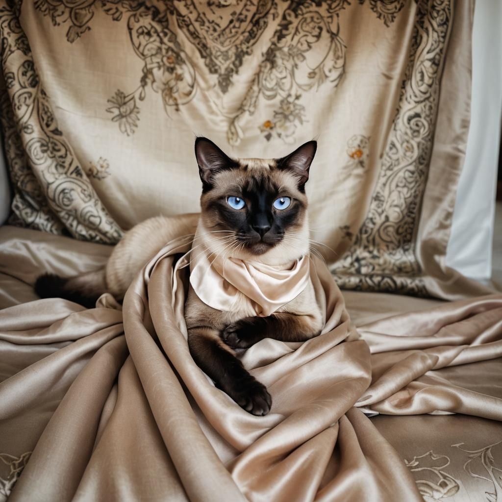 Siamese Cat Lounging on Silk Scarf