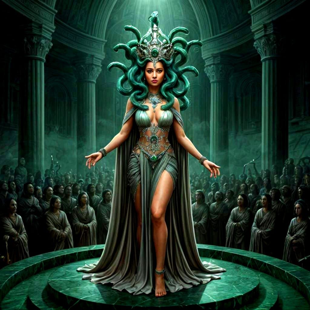 Regal Medusa Queen with Serpent Crown in Royal Chamber