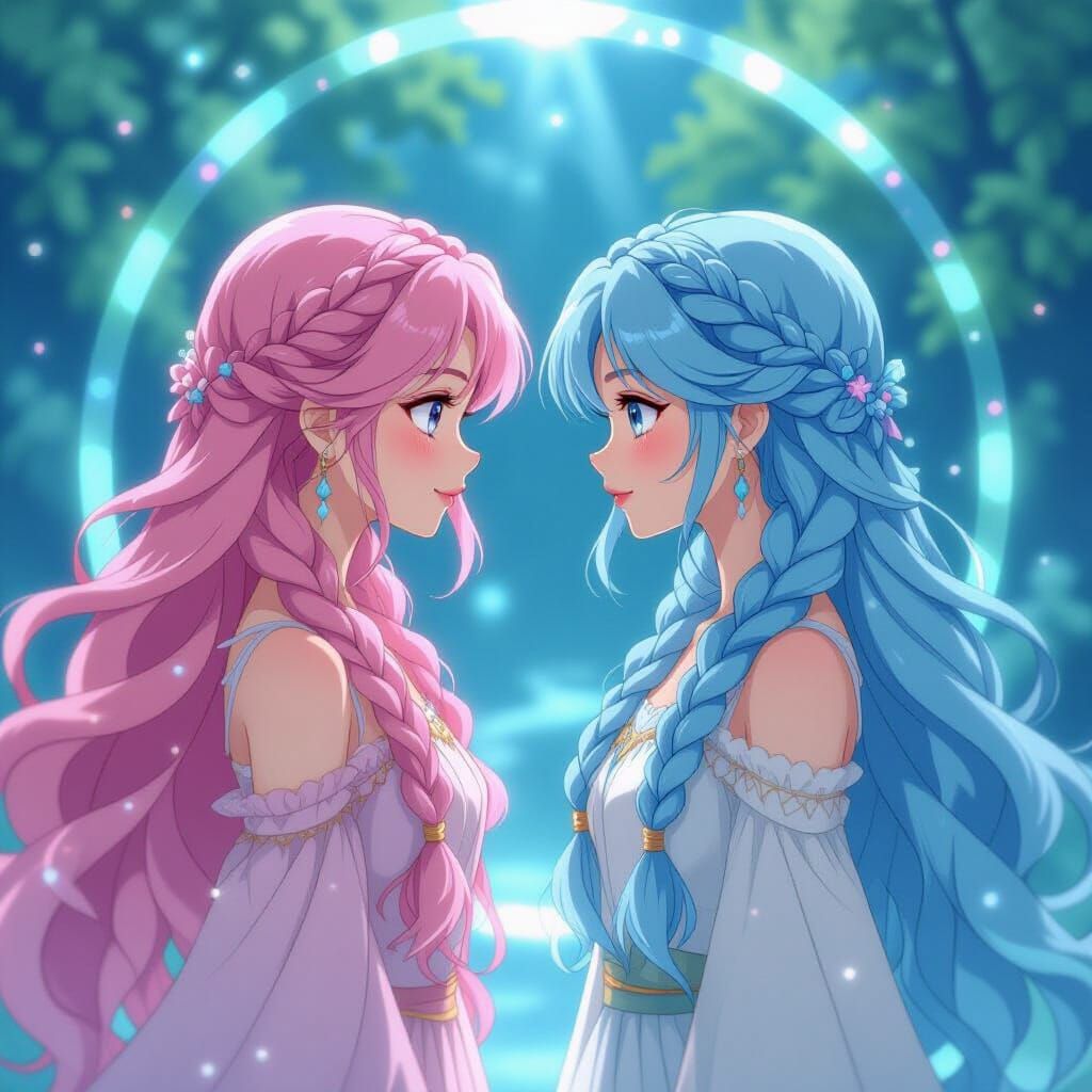 Anime Women Meet Through Shimmering Portal