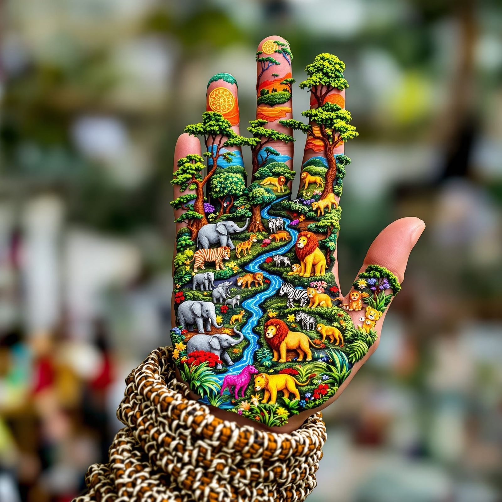 Threaded Jungle Scene on Hand Palm