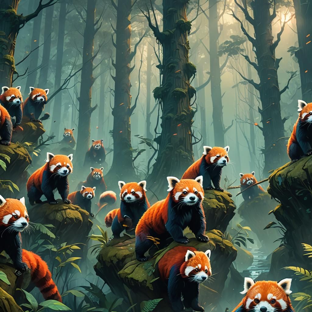Red Panda Army in Mystical Forest Concept Art