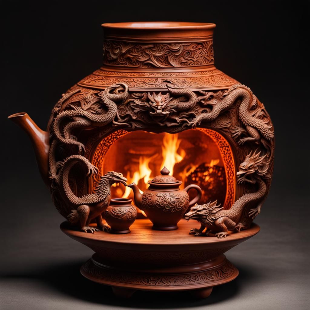 Dragons and Gryphons Tea Set in Terracotta