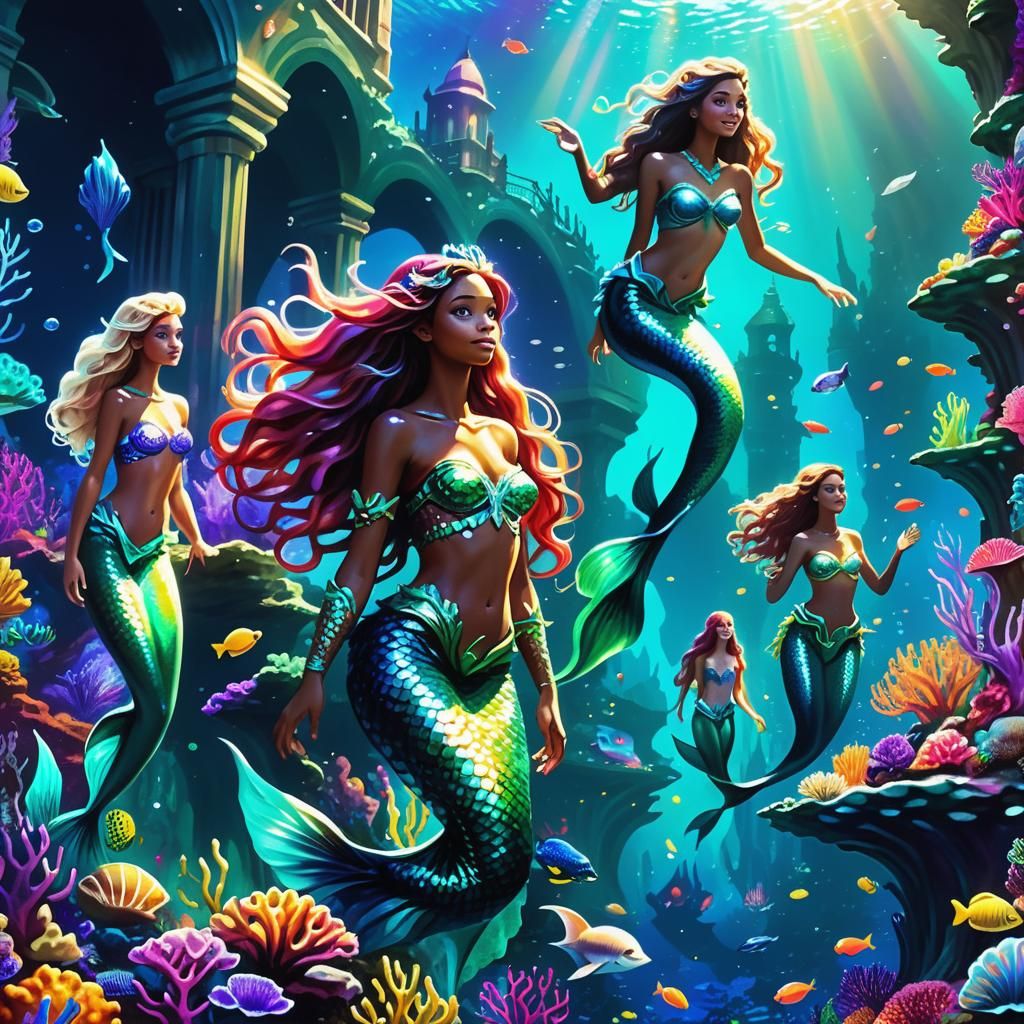 Atlantis Merfolk Gathering in Iridescent Oil Painting