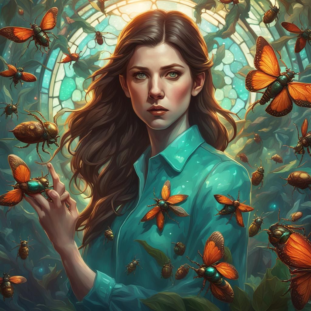Anna Kendrick with Iridescent Beetles, Art Nouveau Style