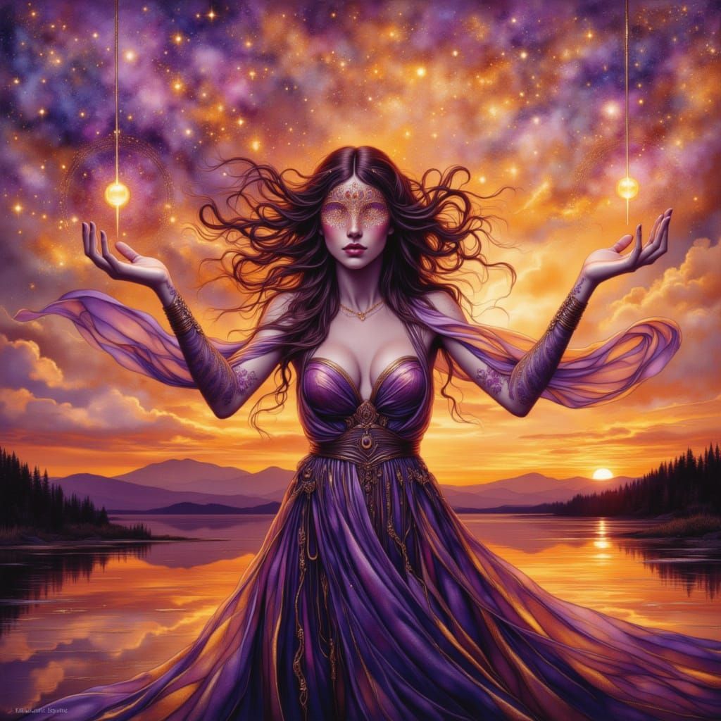 Sorceress Conjuring Wind with Archaic Sigils at Sunset