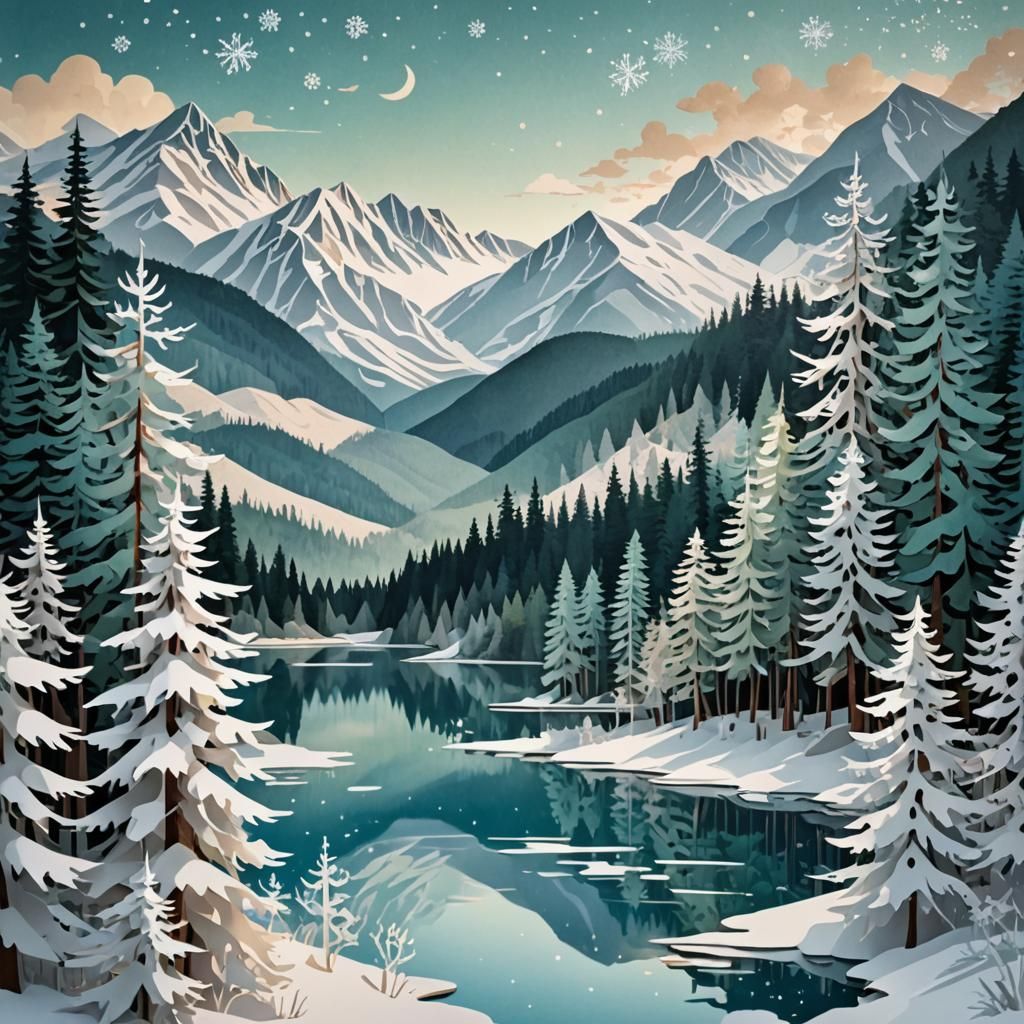 Winter Landscape Paper Collage Art in 8k