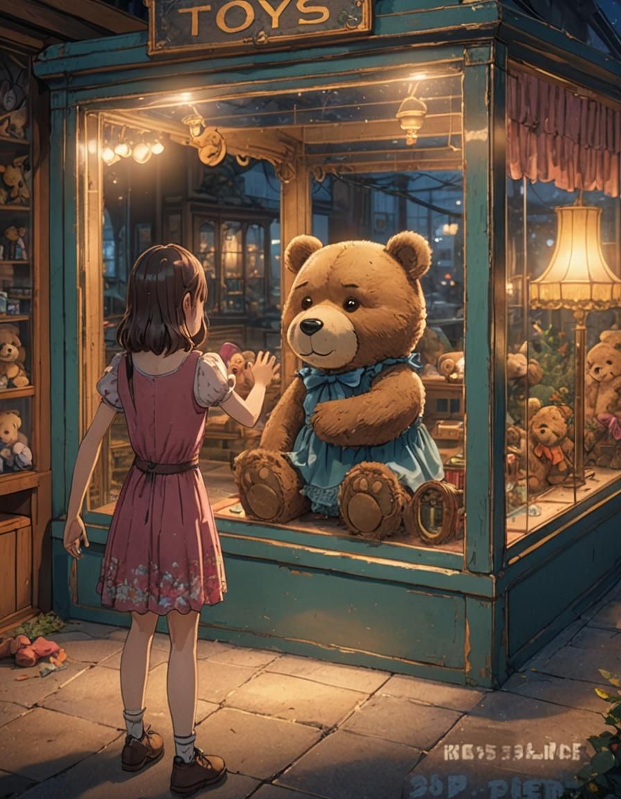 Anime-Style Girl and Toy Bear at Evening