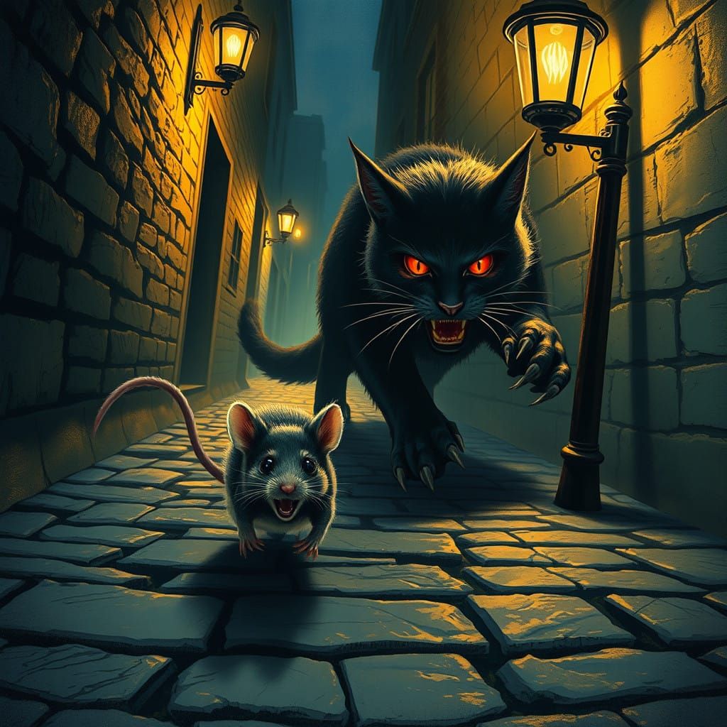 Frightened Mouse Flees From Menacing Cat Under Golden Street...