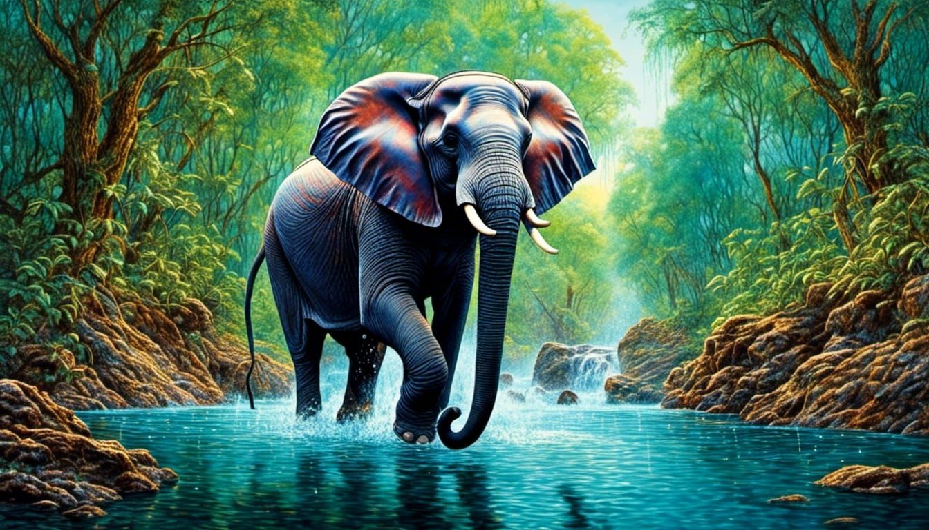 Elephant Bathing in River, Gouache and Watercolor