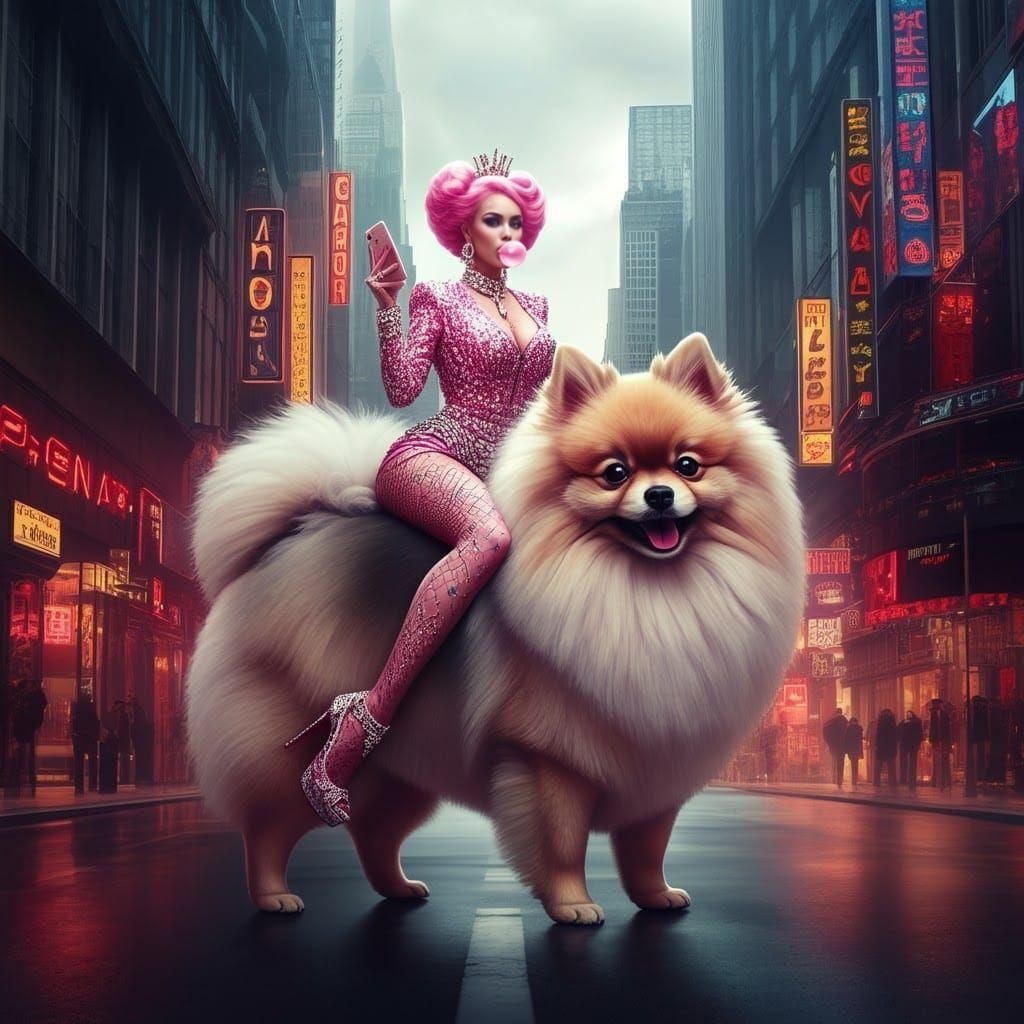 Pink Pop Princess Rides Pomeranian Through City