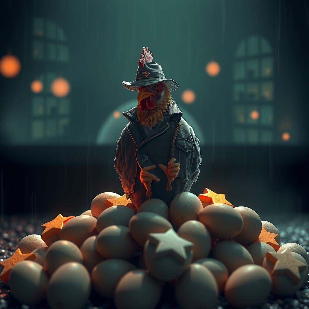 A lone, gumshoe chicken, dressed in a crumpled fedora and tr...