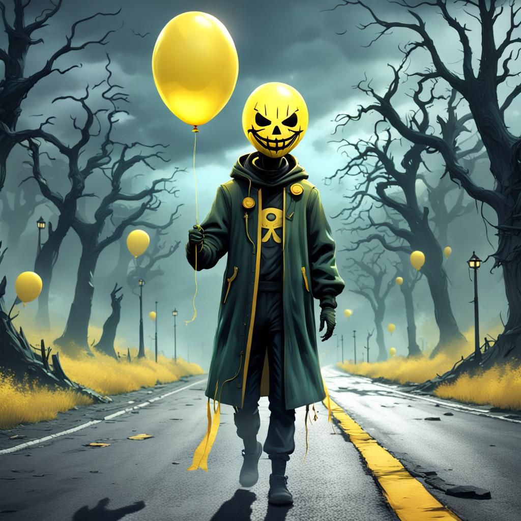 Creepy Man in Yellow Mask with Balloon