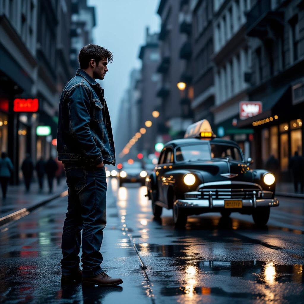 Young Man in Denim on Rainy Dusk Street, Charcoal Sketch Sty...