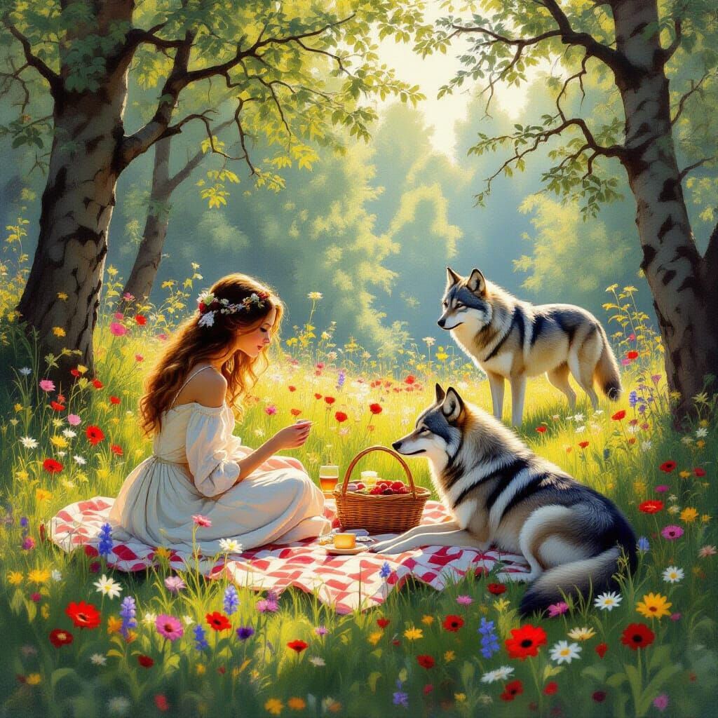 Woman's Romantic Picnic Watched by Wolf in Meadow