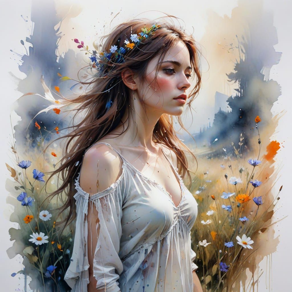 Ethereal Woman in Wildflower Field as Watercolor Painting