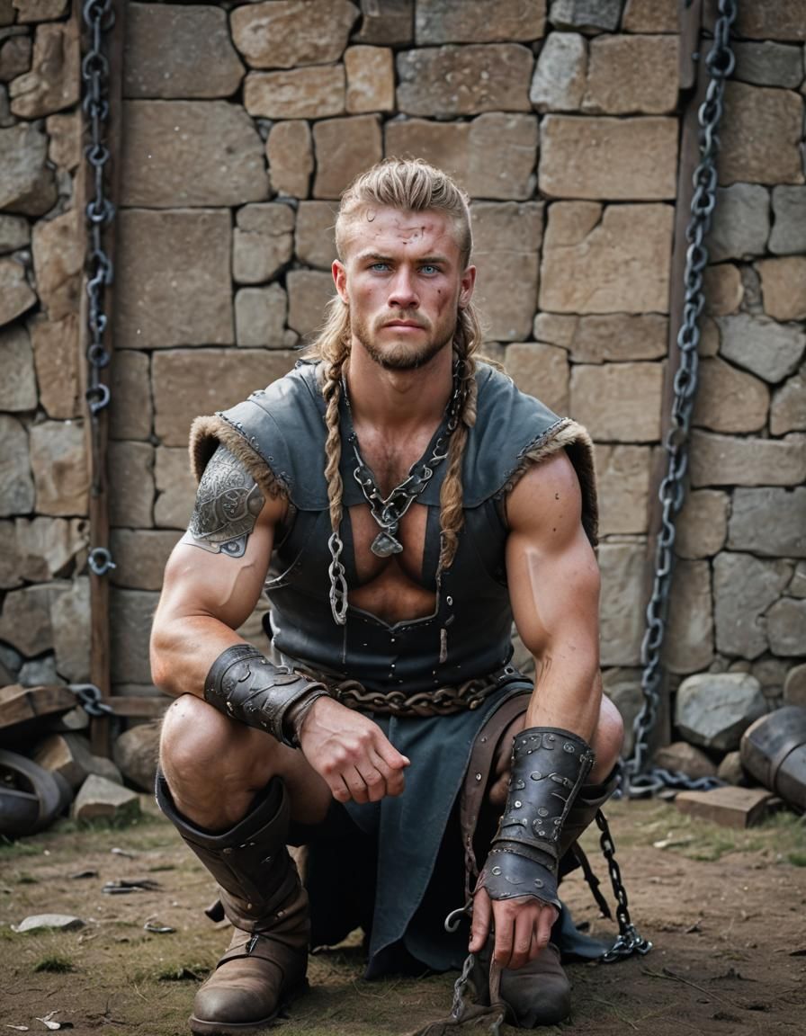Young Viking with Scars Kneeling in Chains