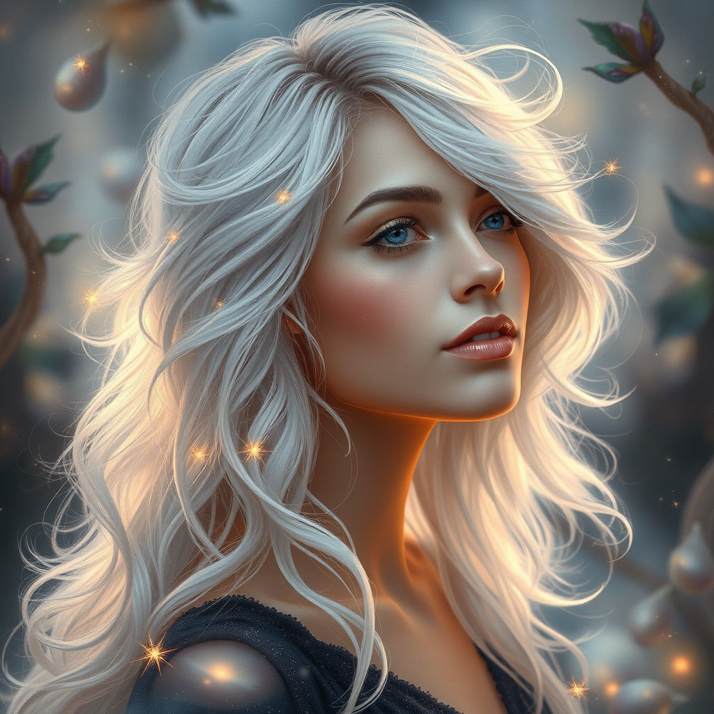 Ethereal Woman with Galaxy Hair in Dreamlike Forest