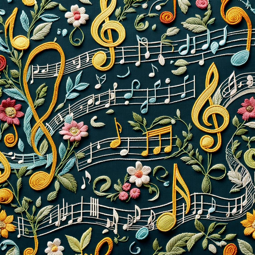 Embroidered Music Sheet with Flowers and Notes