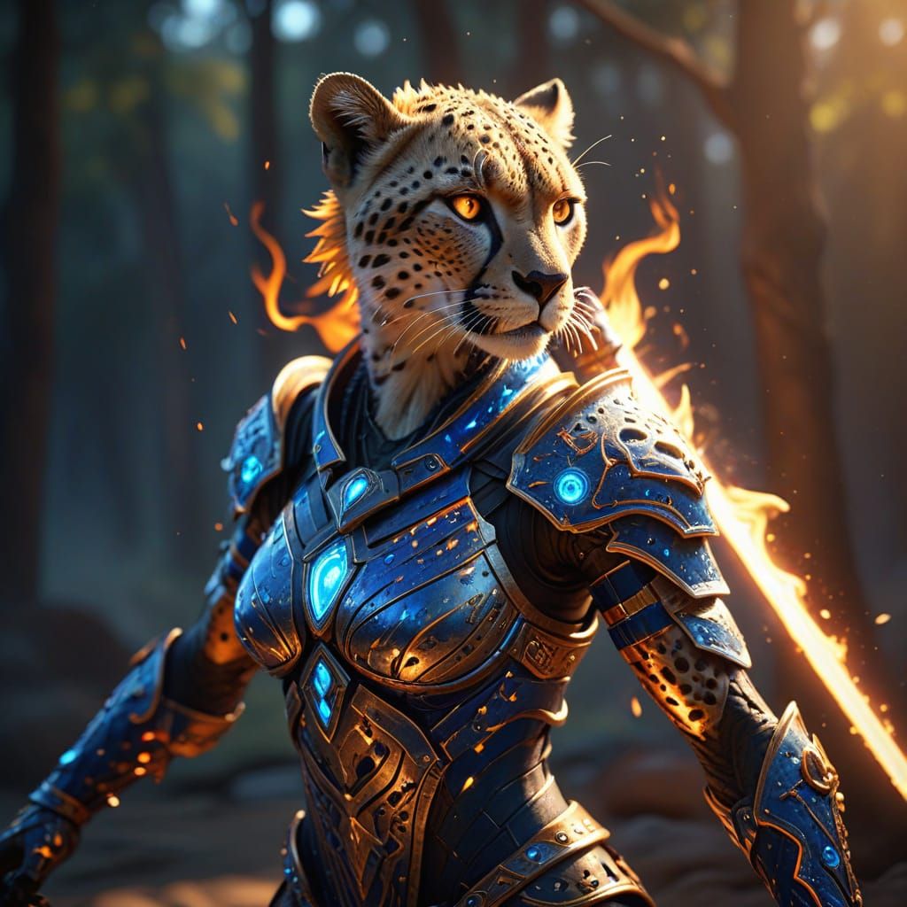 Epic Cheetah Warrior in Vibrant Armor with Burning Sword