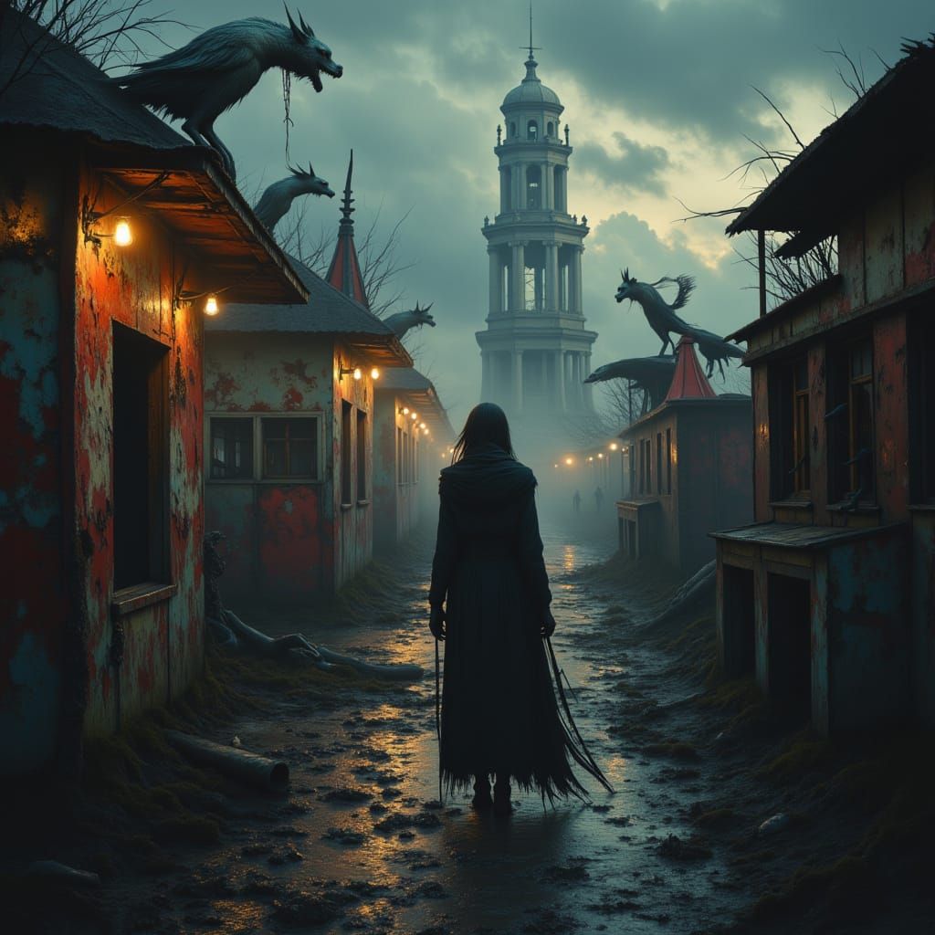 Eerie Woman Walks Through Abandoned Gothic Carnival