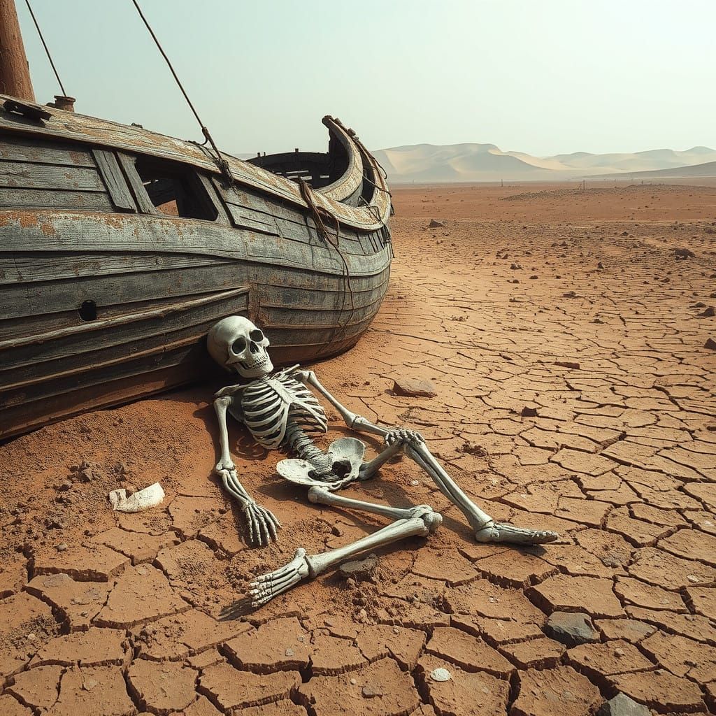 Weathered Skeleton in a Deserted Dystopian Landscape
