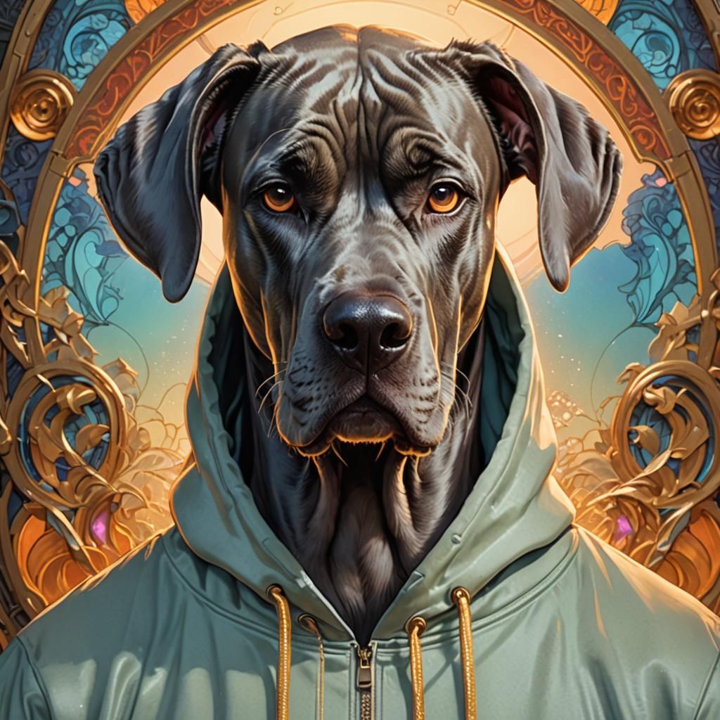 Great Dane in Hoodie: Digital Portrait in Art Nouveau Style