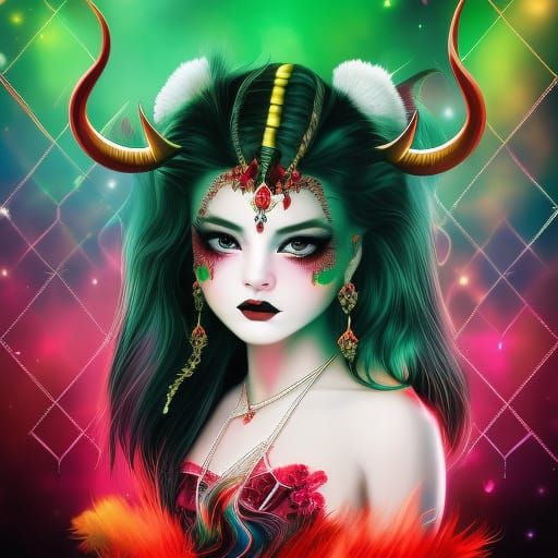Demon Girl Portrait with Fiery Splatter Background