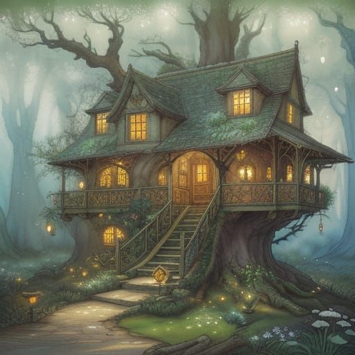 Enchanted Forest Treehouse in Watercolor Style