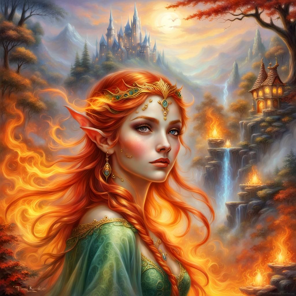 Ethereal Fantasy Elf Queen Amidst Fiery Spirit Realm