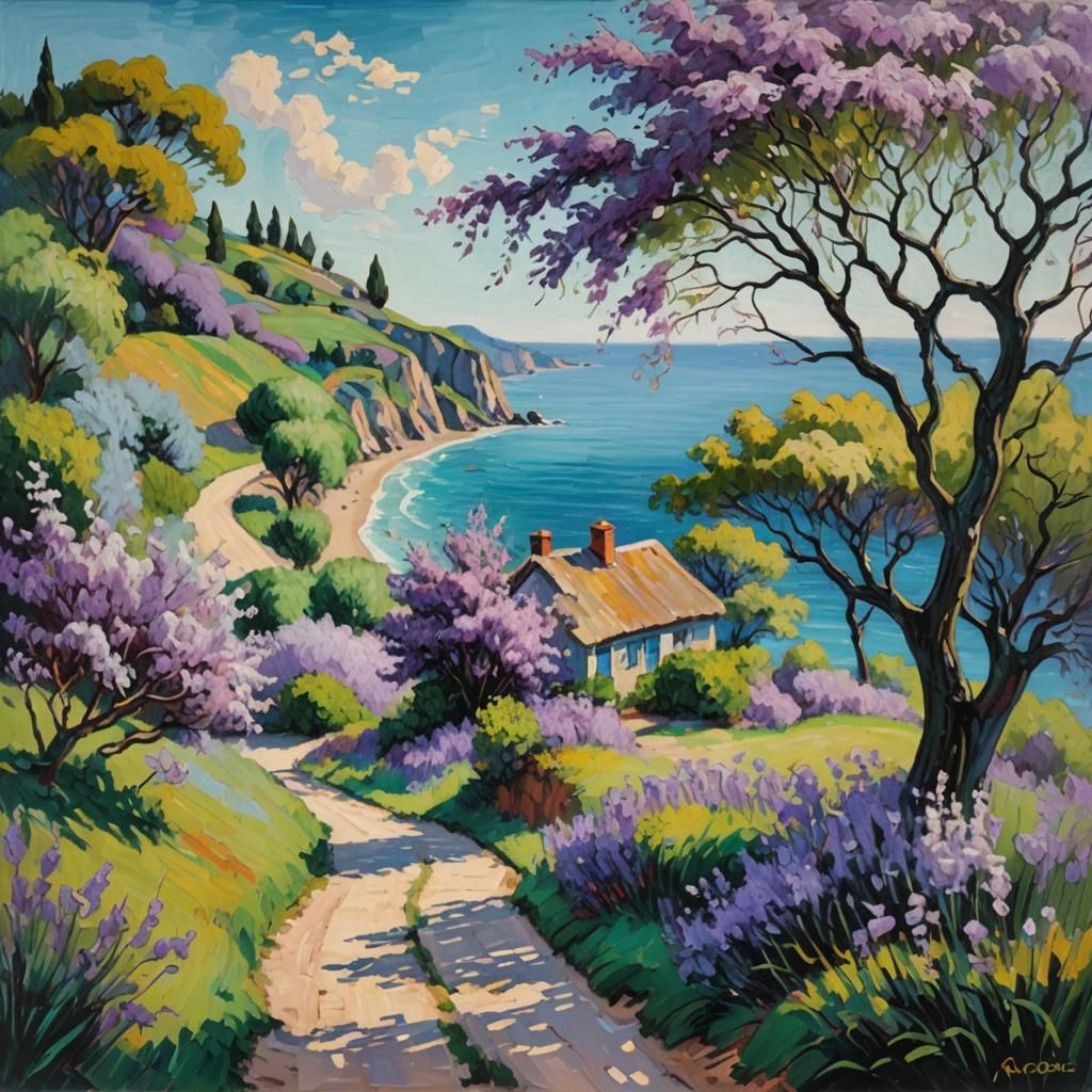 Coastal Cottage: A Neo-Impressionistic Oil Painting