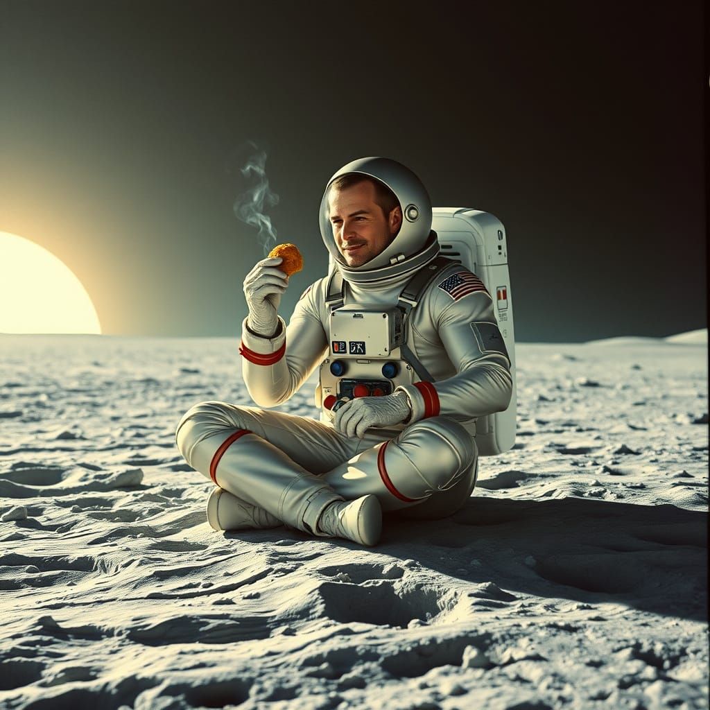 Man Savoring Dino Nugget on the Moon in Futuristic Spacesuit