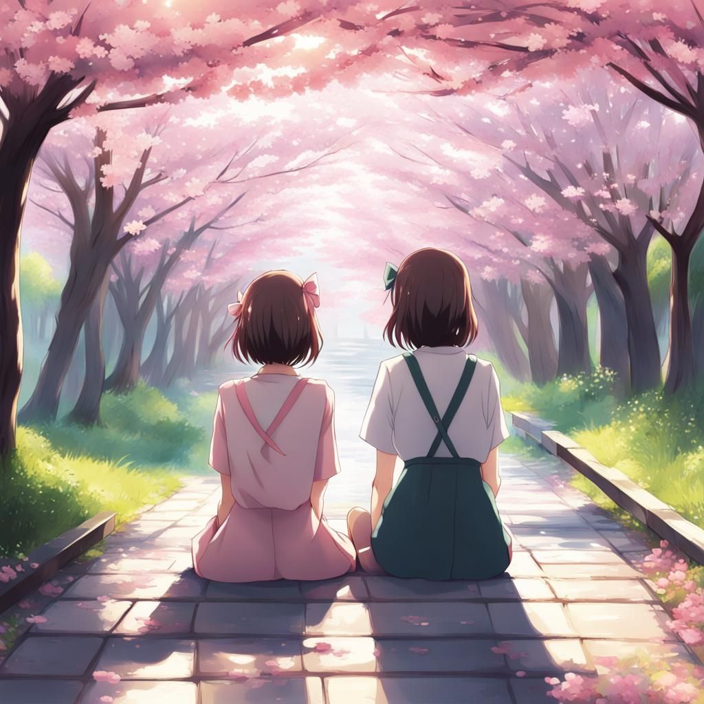 Anime Girls Under Cherry Blossom Trees